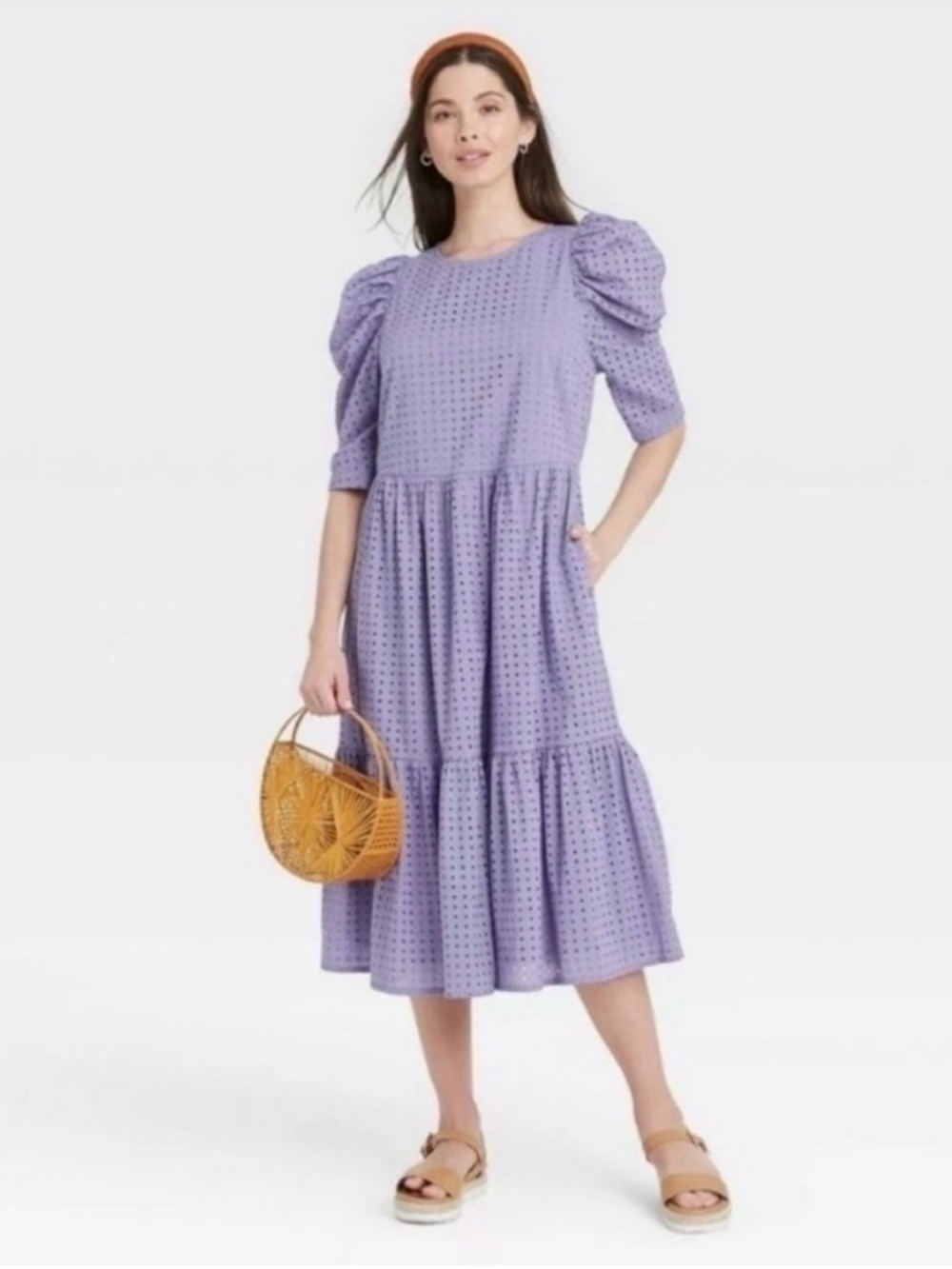 A new day Lavender Eyelet Puff-Sleeve Tiered Dress
